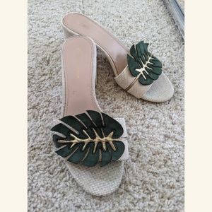 Suede Leaf Block Heel Slide Sandals